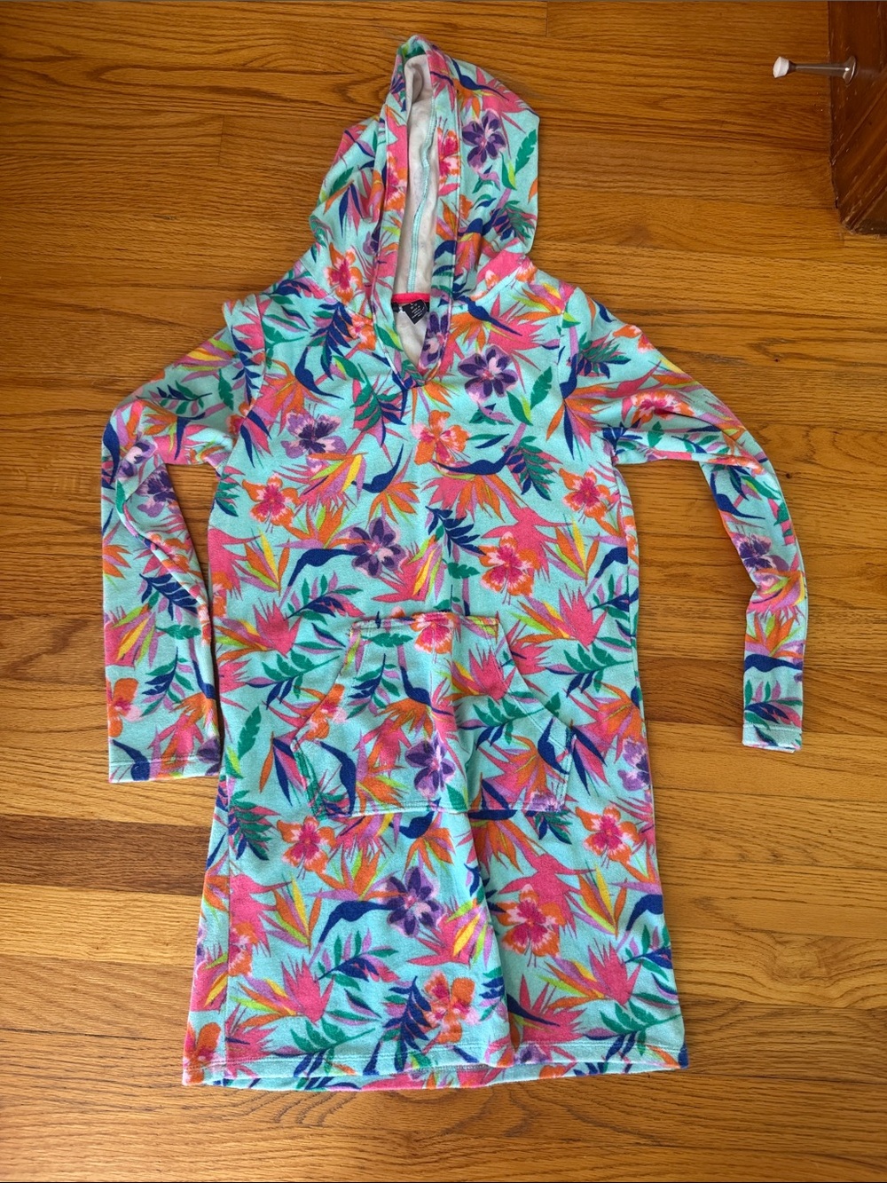 Land’s End kids Floral Hooded Swim Cover-Up Dress, size large.